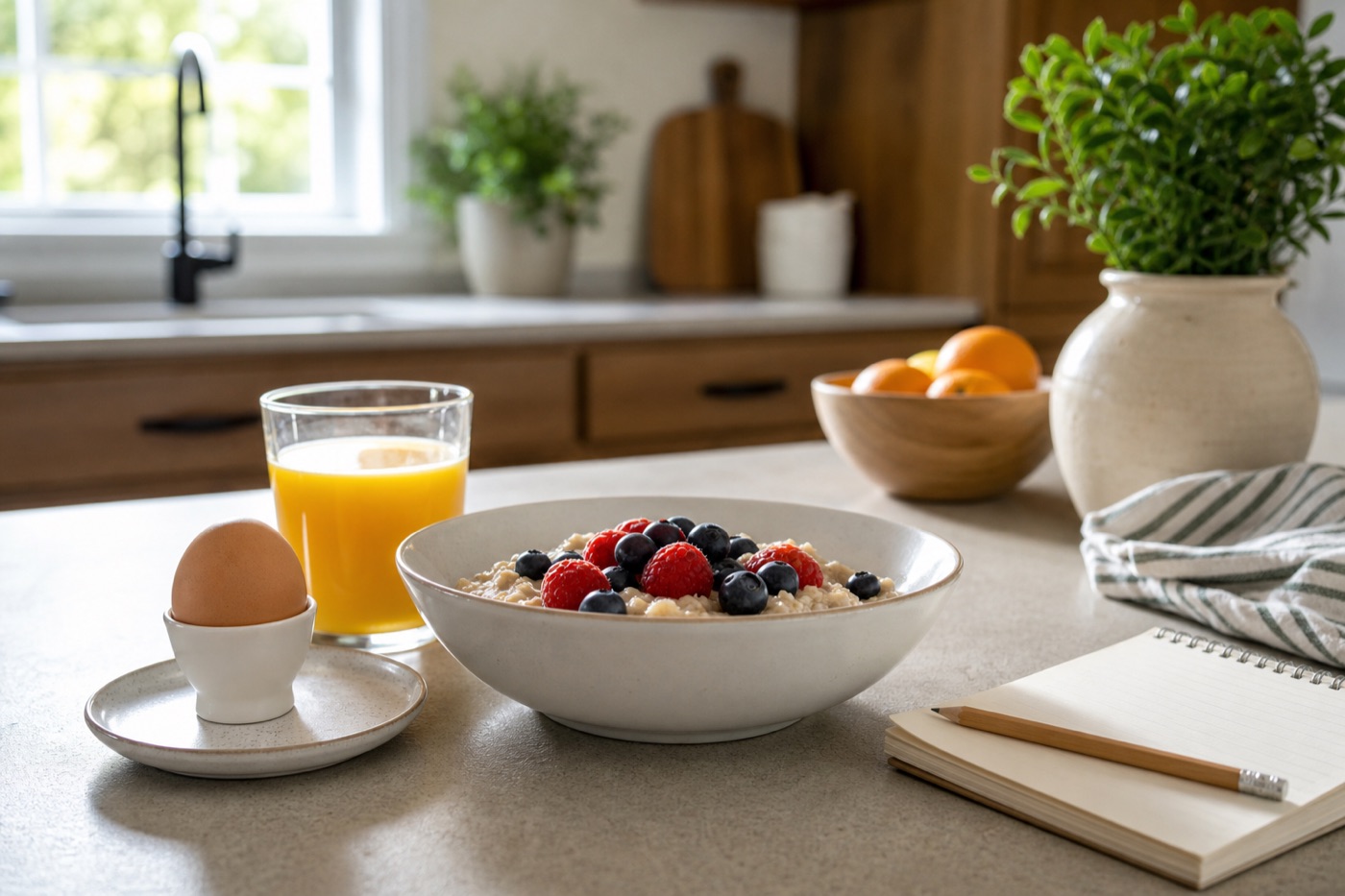 A kitchen counter with a bowl of oatmeal topped with berries, a glass of orange juice, a boiled egg and a small notebook with a pencil in morning light