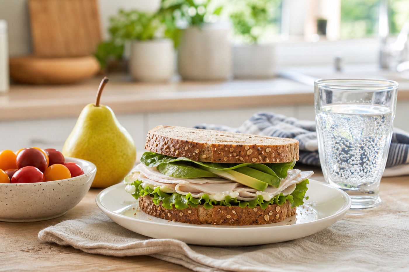A bright kitchen table with a turkey and avocado sandwich on whole-grain bread, a bowl of cherry tomatoes, a pear and a glass of sparkling water