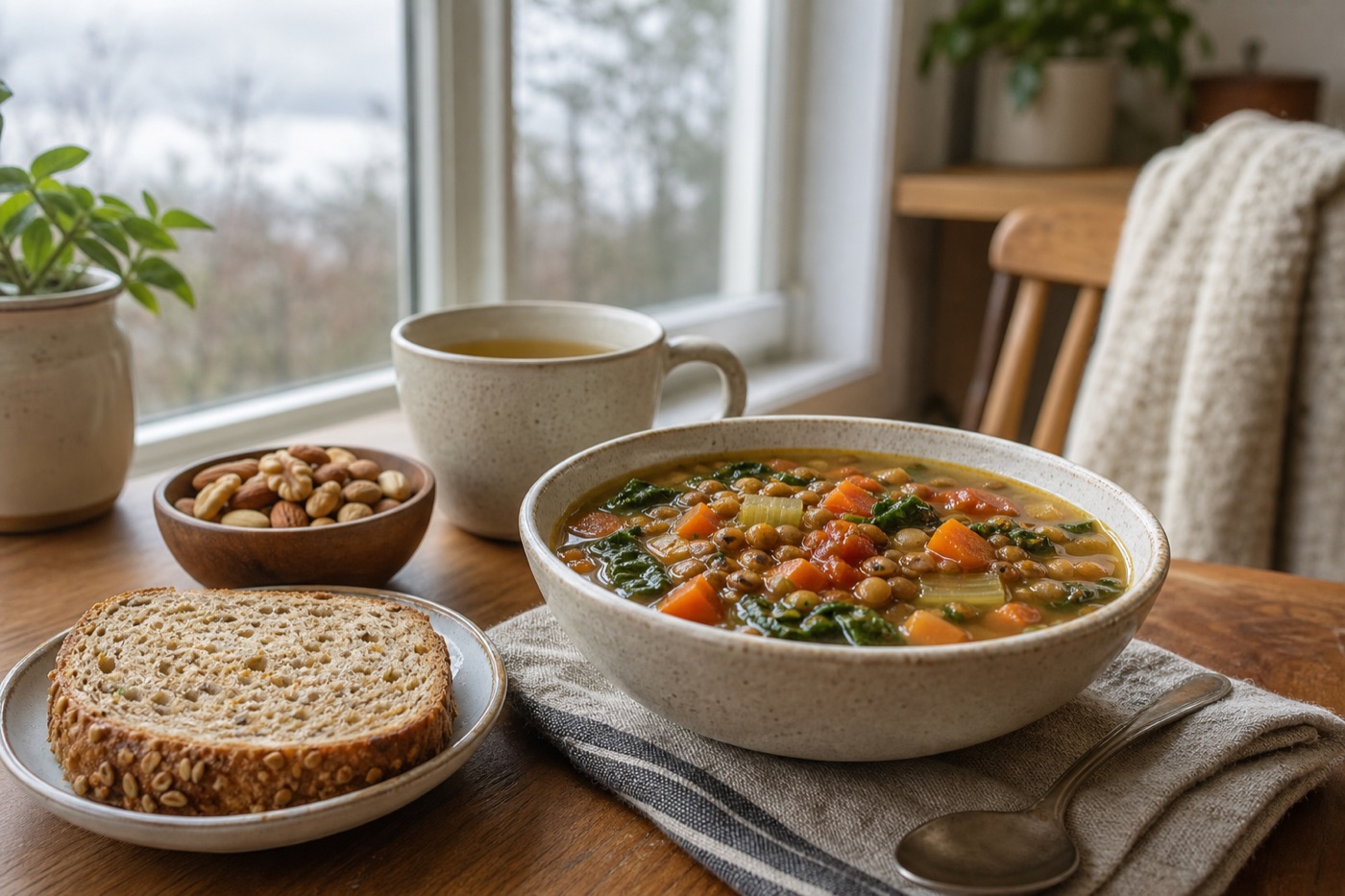A wooden table with a bowl of lentil and vegetable soup, a slice of whole-grain bread, a small bowl of mixed nuts and a cup of herbal tea on a cloudy afternoon